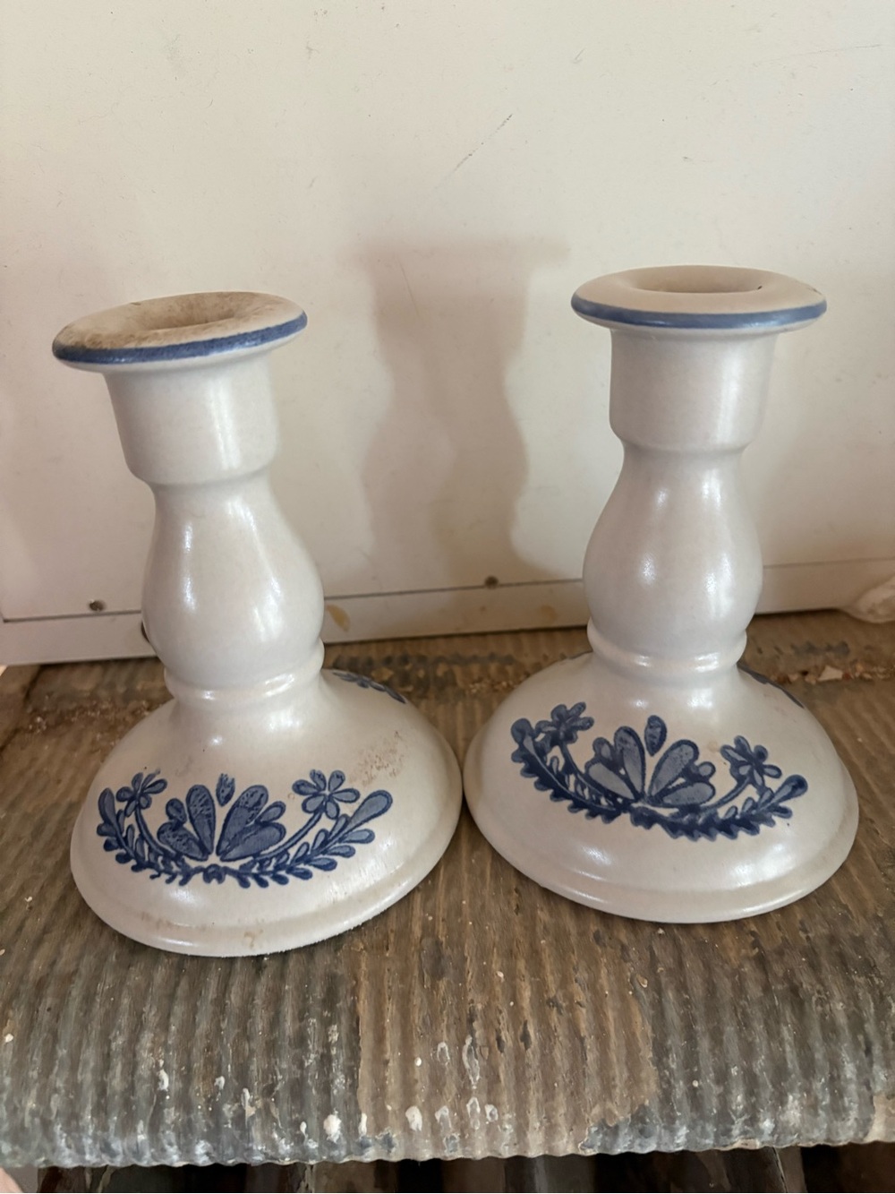 Pfaltzgraff White Ceramic Candle Holders with Blue Floral Motif - Pair